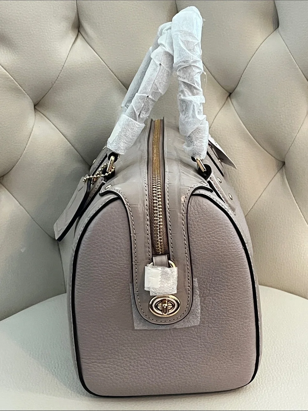 Coach Pebbled Leather Satchel Crossbody Light Taupe Gold Hardware Eye Catching
